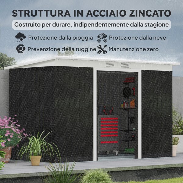 Outsunny Casetta da Giardino Porta Utensili in Lamiera di Acciaio con Porte Scorrevoli, 280x130x172cm, Grigio/Nero|Aosom