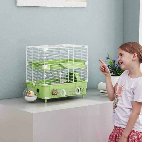 PawHut Gabbia per Criceti a 2 Livelli e 3 Porte con Ruota e Tubi, in Acciaio, PS e PP, 44.5x28x44 cm, Verde e Bianco | Aosom Italy