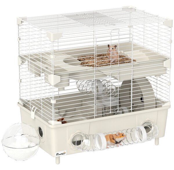 PawHut Gabbia per Criceti a 2 Livelli e 3 Porte con Ruota e Tubi, in Acciaio, PS e PP, 44.5x28x44 cm, Crema e Bianco | Aosom Italy
