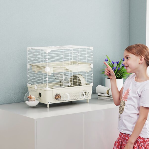 PawHut Gabbia per Criceti a 2 Livelli e 3 Porte con Ruota e Tubi, in Acciaio, PS e PP, 44.5x28x44 cm, Crema e Bianco | Aosom Italy