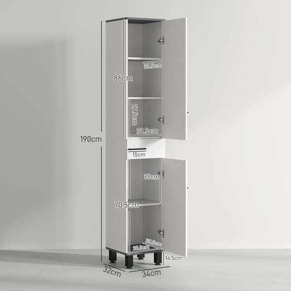 HOMCOM Mobile Colonna Bagno con 2 Armadietti con Ripiani Regolabili e Cassetto, 34x32x190 cm, Bianco