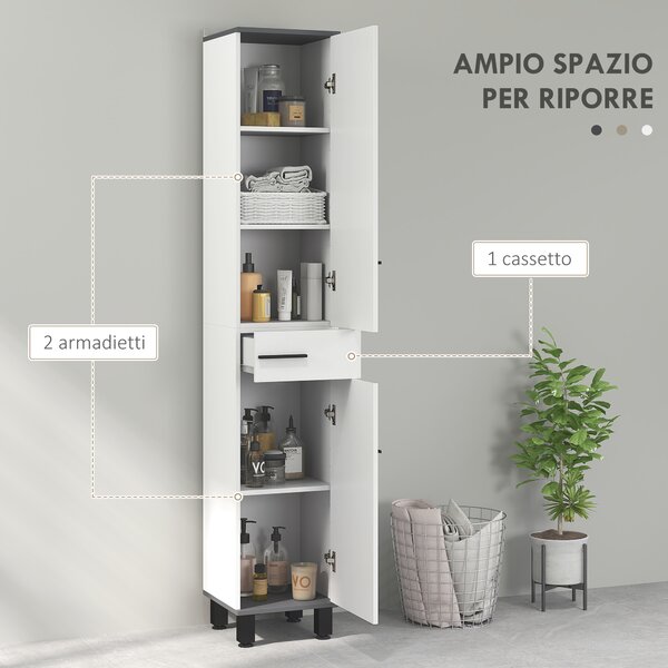 HOMCOM Mobile Colonna Bagno con 2 Armadietti con Ripiani Regolabili e Cassetto, 34x32x190 cm, Bianco