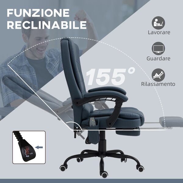 Vinsetto Poltrona da Ufficio con 7Punti Massaggianti e Poggiapiedi, ergonomica e regolabile, in PU e Acciaio, 67x67x111-121cm, Blu| Aosom Italy