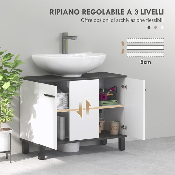 HOMCOM Mobile Sottolavabo Bagno con Armadietto 2 Ante e Ripiano Regolabile, 80x34x60 cm, Bianco Lucido