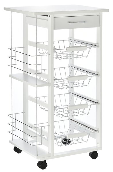 HOMCOM Carrello da Cucina Salvaspazio in Legno Bianco con 1 Piano di Lavoro 1 Cassetto e 4 Cestelli Metallici 47x37x83cm|Aosom