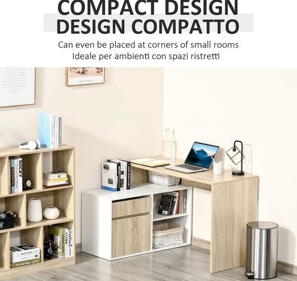 HOMCOM Scrivania Angolare, Scrivania ad Angolo per Computer da Camera o Ufficio, Scrivania Salvaspazio in Legno, Rovere e Bianco|Aosom