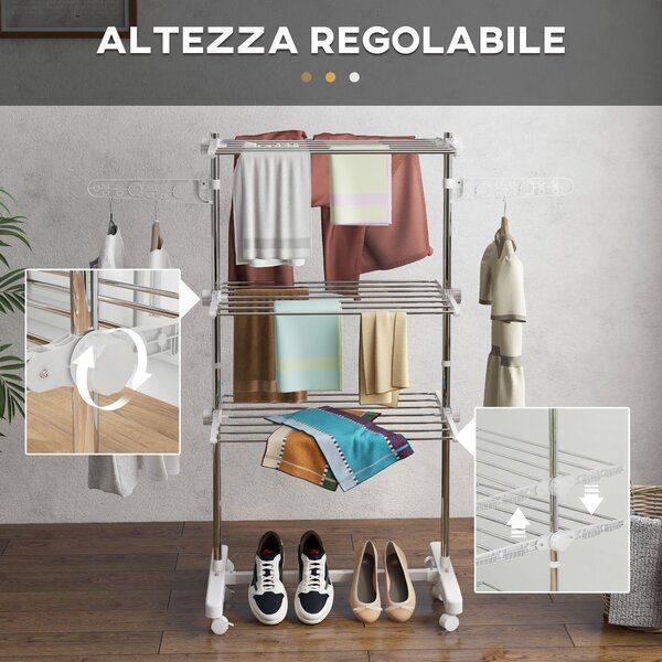 HomCom Stendino Premium 3 Piani Regolabile - Stendibiancheria di Lusso  in Acciaio Inox|Aosom