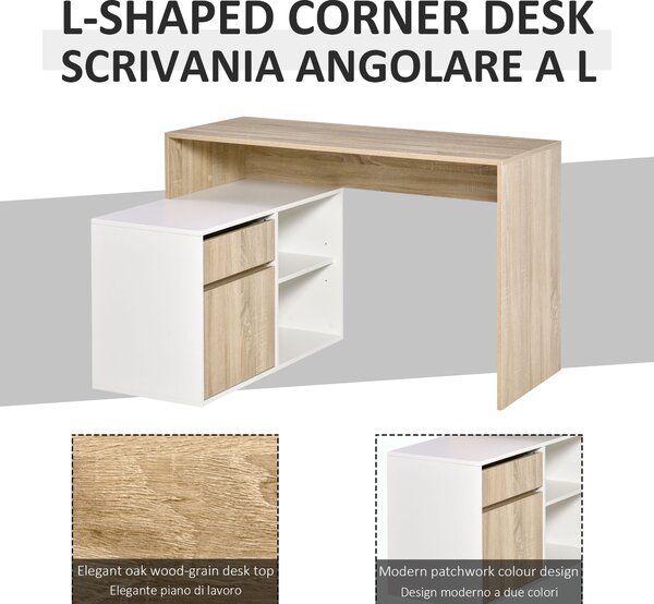 HOMCOM Scrivania Angolare, Scrivania ad Angolo per Computer da Camera o Ufficio, Scrivania Salvaspazio in Legno, Rovere e Bianco|Aosom