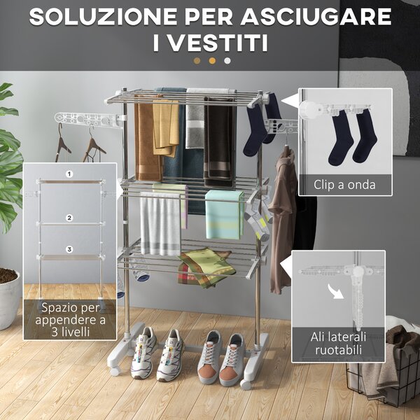 HomCom Stendino Premium 3 Piani Regolabile - Stendibiancheria di Lusso  in Acciaio Inox|Aosom
