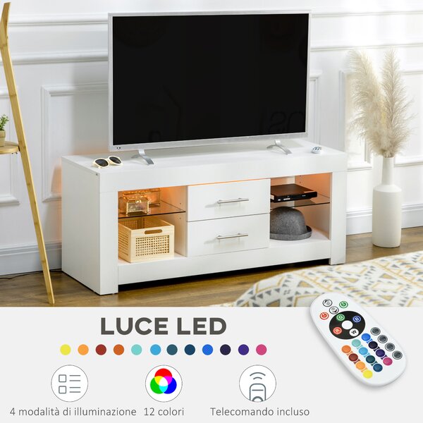 HOMCOM Mobile Porta TV fino a 55" con Luci LED, 2 Mensole in Vetro Regolabili, 2 Cassetti, in Legno, 120x40x50cm, Bianco | Aosom