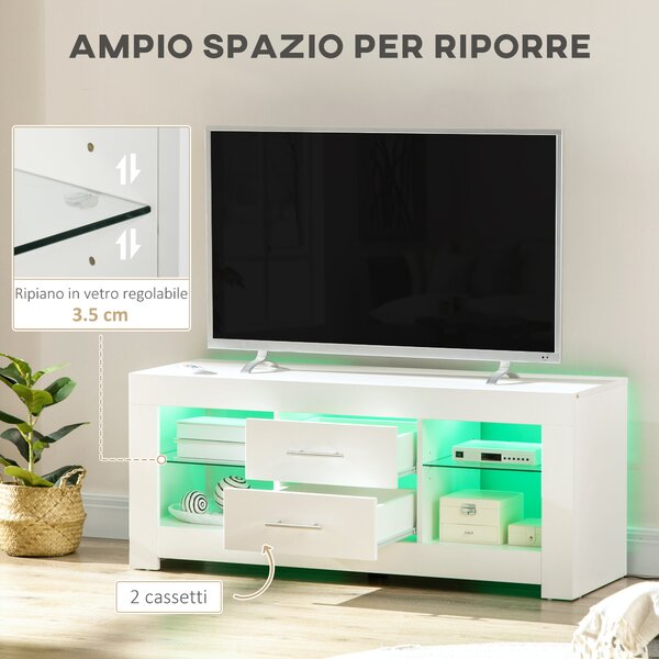 HOMCOM Mobile Porta TV fino a 55" con Luci LED, 2 Mensole in Vetro Regolabili, 2 Cassetti, in Legno, 120x40x50cm, Bianco | Aosom