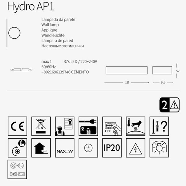Outlet applique moderno ideal lux hydra 139746 r7s led cemento lampada parete - Lampadari Bartalini Outlet