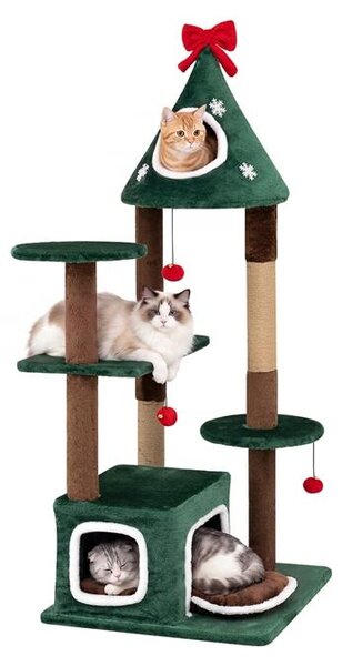 KOMFOTTEU, albero per gatti con 2 rifugi, 2 ingressi, palo per graffiare e 3 palline in peluche, altezza 137 cm. Torre per gatti con cuscino lavabile, colore verde