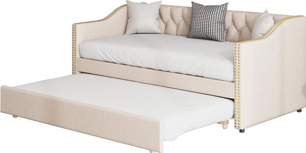 Fortuna Lai Lettino imbottito 90x200, Divano letto Beige Tessuto di lino durevole Letto per giovani Lettino per ospiti