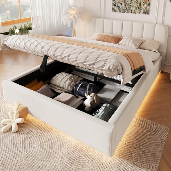 Letto imbottito 140x200 cm con rivestimento in tessuto tipo ciniglia, contenitore a sollevamento idraulico e striscia LED, testiera imbottita per la camera da letto