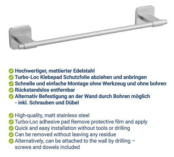 Portasciugamano senza foratura color argento opaco in acciaio inox con aggancio Turbo-loc Porto – Wenko