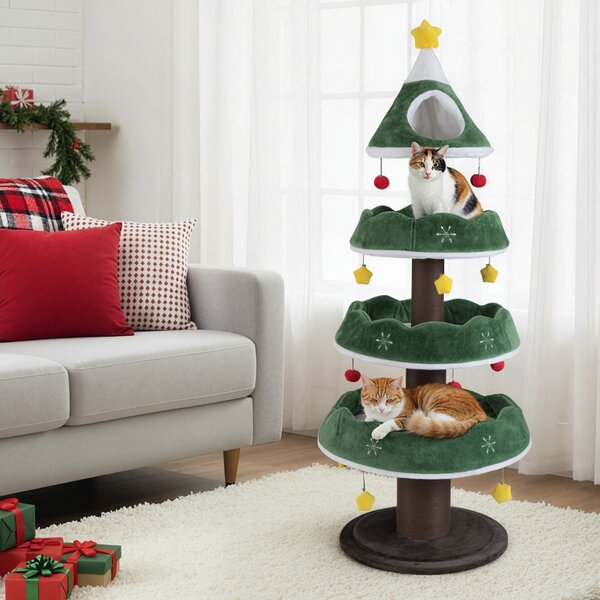 Costway Albero di natale per gatti torretta con 3 piattaforme e posto superiore, Albero di natale per gatti da interno Verde