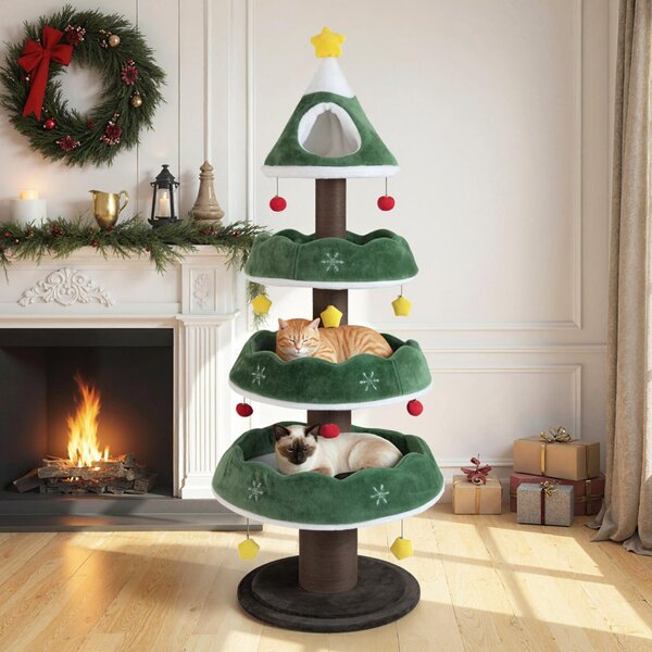 Costway Albero di natale per gatti torretta con 3 piattaforme e posto superiore, Albero di natale per gatti da interno Verde