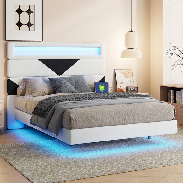 Letto imbottito Fortuna Lai 160x200 cm, letto galleggiante con LED, USB, testata regolabile, velluto, letto matrimoniale beige/nero, A