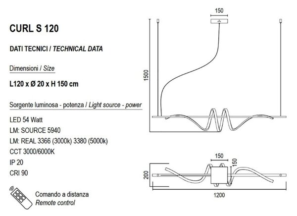 Lampadario led promoingross curl s120 n 54w 3380lm led dimmerabile nero dinamico telecomando sospensione - Promoingross