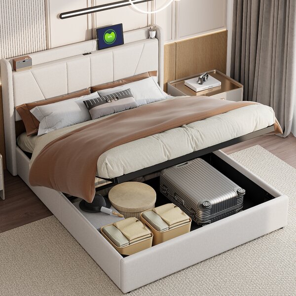 Letto imbottito Fortuna Lai 140x200cm con USB, letto per ragazzi letto matrimoniale con rete a doghe e contenitore, letto contenitore, biancheria, beige