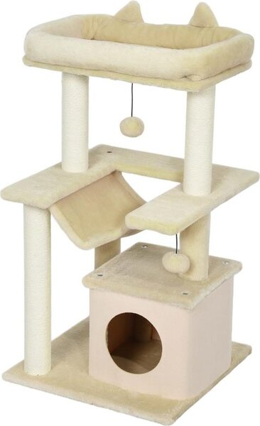 Fortuna Lai Tiragraffi per gatti, tiragraffi con giocattoli, sedile, amaca, 48 x 48 x 90 cm, color crema