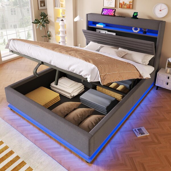 Letto imbottito 140x200 cm con rivestimento in lino grigio, contenitore a sollevamento idraulico e illuminazione a LED, testiera imbottita per la camera da letto