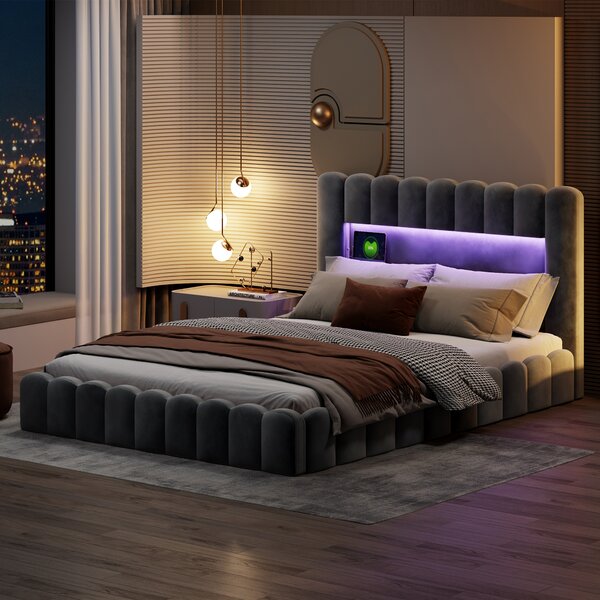 Letto imbottito Fortuna Lai 180x200cm con USB, letto per ragazzi letto matrimoniale con rete a doghe e contenitore, letto contenitore con LED, velluto, grigio