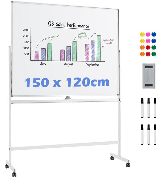 Costway Lavagna mobile doppia faccia magnetica cancellabile supporto, Lavagna 360° reversibile 2 altezze ruote bloccabili Bianco