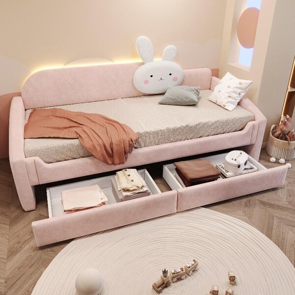 Letto per bambini 90x200 cm con 2 cassetti e illuminazione a LED, divano letto imbottito in velluto rosa con schienale e braccioli