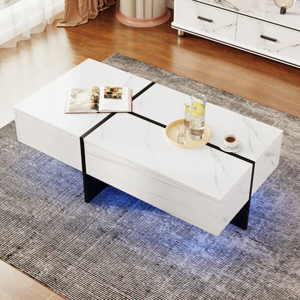 Tavolino Fortuna Lai Tavolino Tavolino Bianco lucido LED Controllabile tramite app mobile, 100*50*34,5 cm