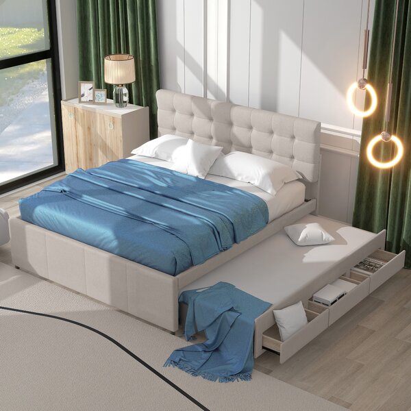 Letto imbottito Fortuna Lai 140 x 200 cm con 3 cassetti, rete matrimoniale con letto estraibile, letto familiare con rete a doghe e testata regolabile in altezza, materiale lino, senza materasso, beige