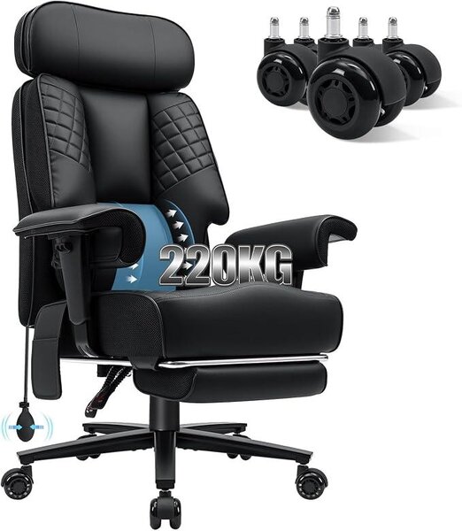 Sedia da ufficio ergonomica per l'home office, sedia da computer con poggiapiedi, poltrona da ufficio in ecopelle con supporto lombare gonfiabile, braccioli e poggiatesta regolabili in altezza, colore nero