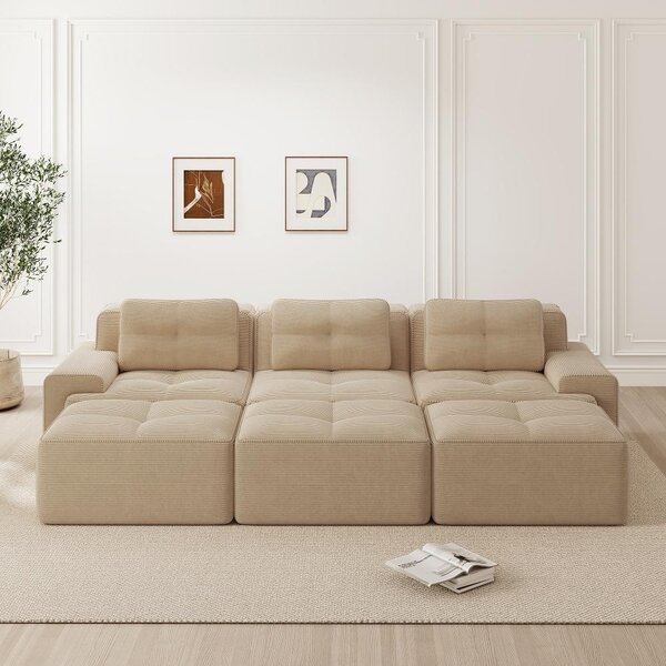 Divano componibile a 3 posti, angolare, in tessuto corduroy beige. Divano con funzione letto, completo di 3 poggiapiedi e con una profondità di seduta di 74 cm, ideale per il soggiorno