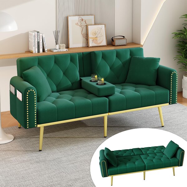 Fortuna Lai Divano letto doppio pieghevole con funzione reclinabile, tre angoli di inclinazione regolabili e portabicchieri. Adatto per soggiorno, camera da letto, home cinema o camera degli ospiti. Rivestimento in tessuto. Verde