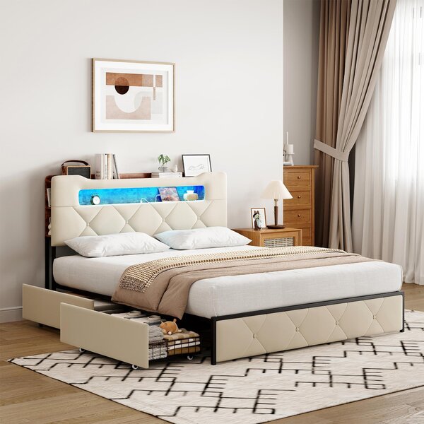Fortuna Lai letto imbottito 140x200cm con LED e USB, letto matrimoniale con testiera e 4 cassetti, letto in metallo funzionale letto per bambini, velluto beige