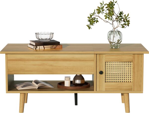 Tavolino in legno Fortuna Lai con piano ribaltabile e rattan, maniglie nere, tavolino con vano portaoggetti