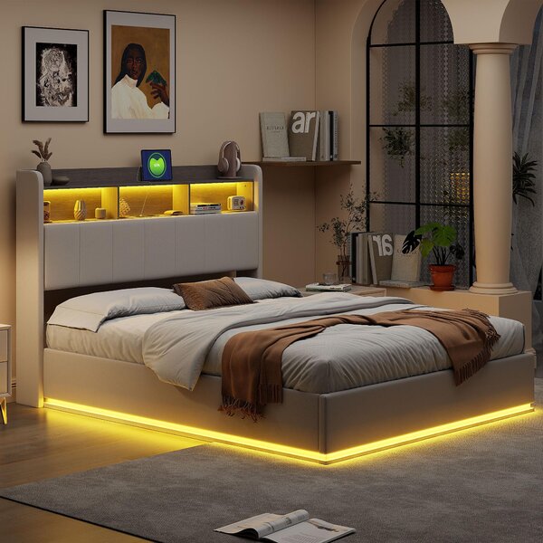 Letto imbottito idraulico Fortuna Lai 140x190cm con funzione cassetto, letto giovanile letto matrimoniale con contenitore, letto contenitore con LED, lino, beige