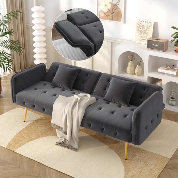 Divano letto multifunzionale a due posti Fortuna Lai con funzione letto, schienale regolabile + braccioli multiposizione. Moderno divano letto pieghevole per soggiorno - rivestimento in velluto. Ampia zona notte