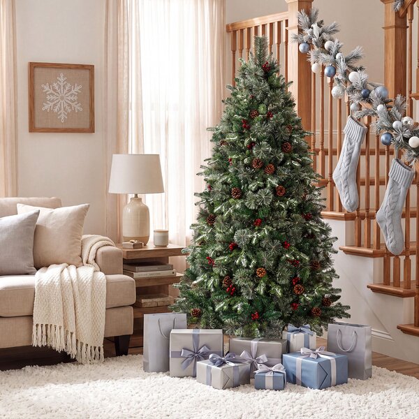 Costway Albero di natale artificiale con 450 luci led regolabili per casa ufficio e negozi, Albero di natale folto con 1198 rami 44 pigne 44 bacche rosse 180 cm