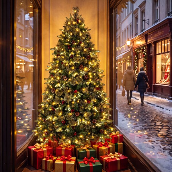 Costway Albero di natale artificiale con 450 luci led regolabili per casa ufficio e negozi, Albero di natale folto con 1198 rami 44 pigne 44 bacche rosse 180 cm