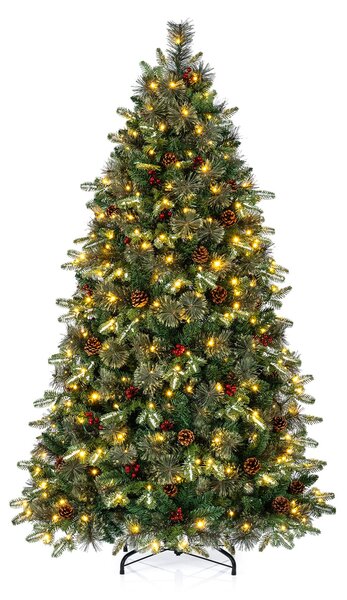 Costway Albero di natale artificiale con 450 luci led regolabili per casa ufficio e negozi, Albero di natale folto con 1198 rami 44 pigne 44 bacche rosse 180 cm