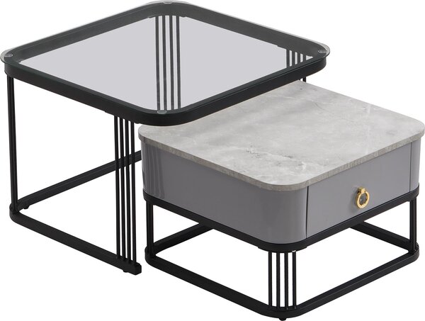 Set di 2 tavolini Fortuna Lai, piano in marmo e vetro, accenti dorati, con 1 cassetto, nero