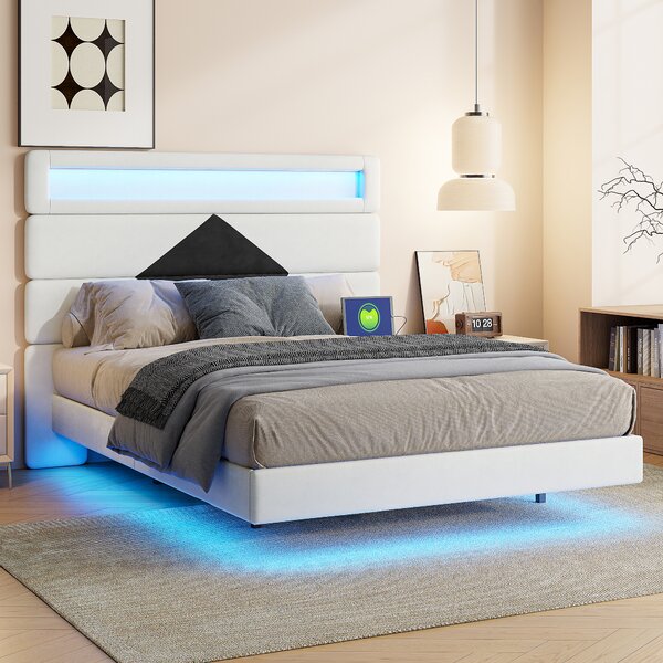 Letto imbottito Fortuna Lai 140x190 cm, letto galleggiante con LED, USB, testata regolabile, velluto, letto matrimoniale beige/nero, B