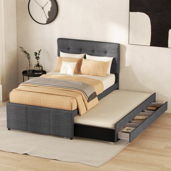 Letto imbottito Fortuna Lai 90x200cm(90x190cm) con 3 cassetti, rete matrimoniale con letto estraibile, letto familiare con rete a doghe e testata regolabile in altezza, materiale lino, senza materasso, grigio