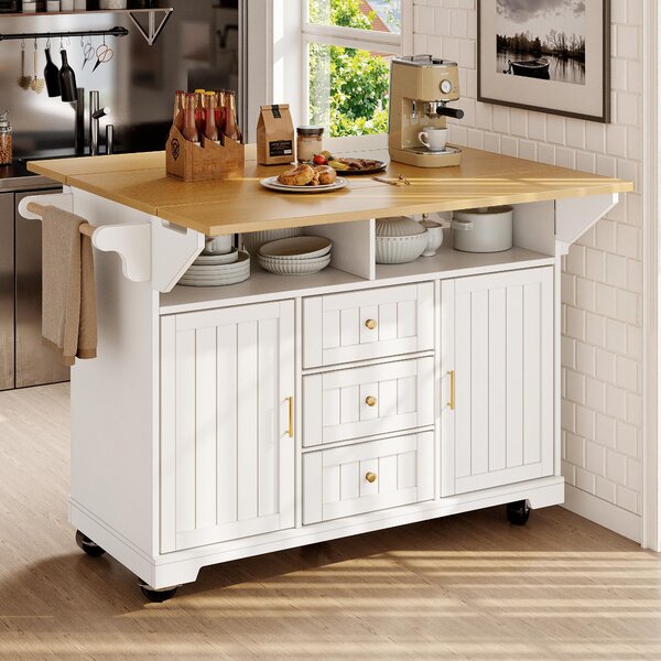Isola mobile per cucina con ruote, dimensioni 120x40x95 cm, realizzata in MDF e metallo, finitura bianca effetto legno, con piano ribaltabile su entrambi i lati, ideale per cucina e sala da pranzo