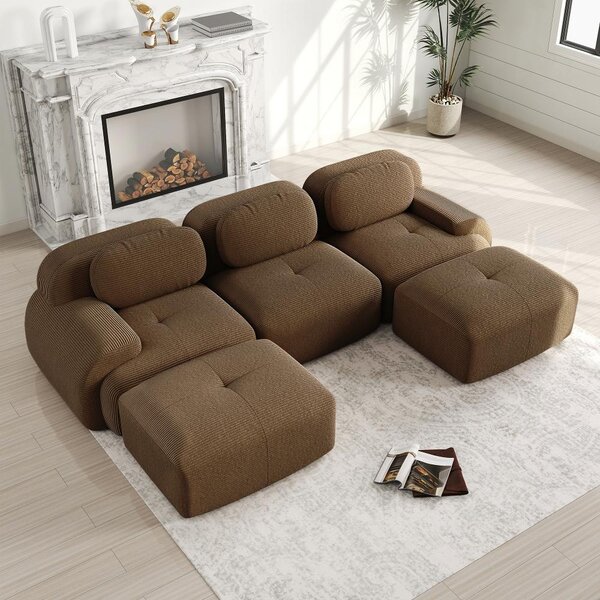 Divano angolare modulare a forma di "U" rivestito in tessuto corduroy, divano senza struttura che non richiede montaggio, ideale per soggiorni, adatto agli animali domestici, colore marrone, dimensioni 298x178x70 cm