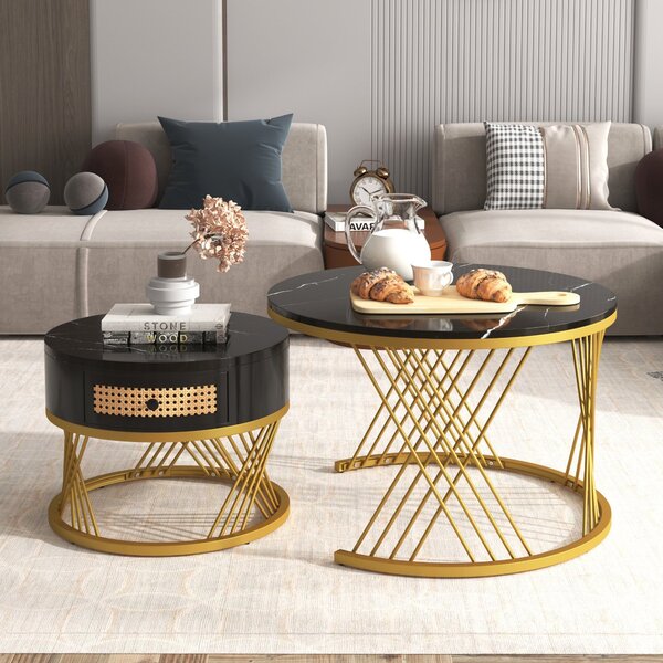Set di 2 tavolini Tiema tavolino in marmo con ripiano rotondo Ø70 x 46 cm e Ø50 x 49 cm tavolino da salotto tavolino da divano motivo marmo struttura del tavolo in metallo nero