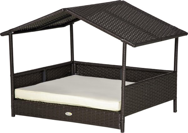 Fortuna Lai Cuccia per cani in rattan con cuscino 98 x 69 x 73 cm Cuccia per cani in formato casa Cuccia per cani da esterno con telaio in acciaio PP marrone caffè