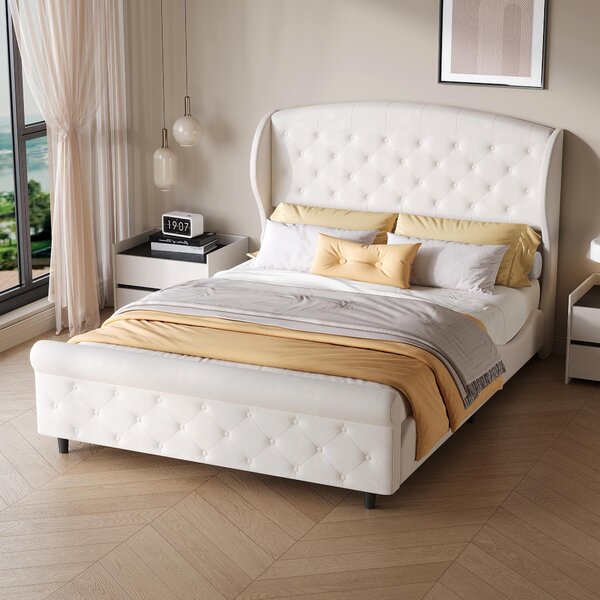 Letto imbottito 140x200 cm con rete a doghe, letto matrimoniale con alta testiera, aspetto velluto, struttura del letto con 13 cm di spazio libero dal pavimento, color beige/crema, senza materasso